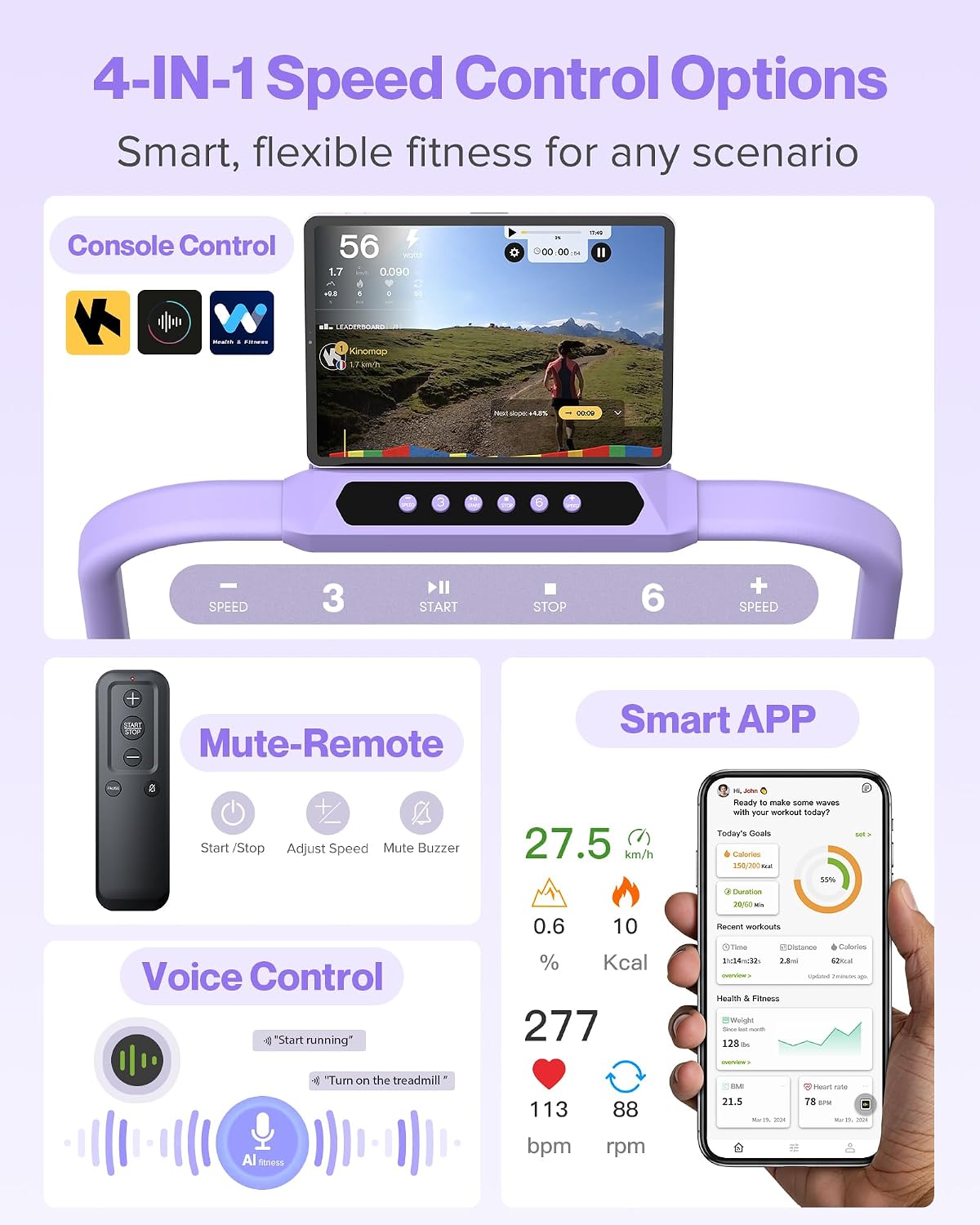 Purple Voice Control Foldable Incline Walking Pad Treadmill