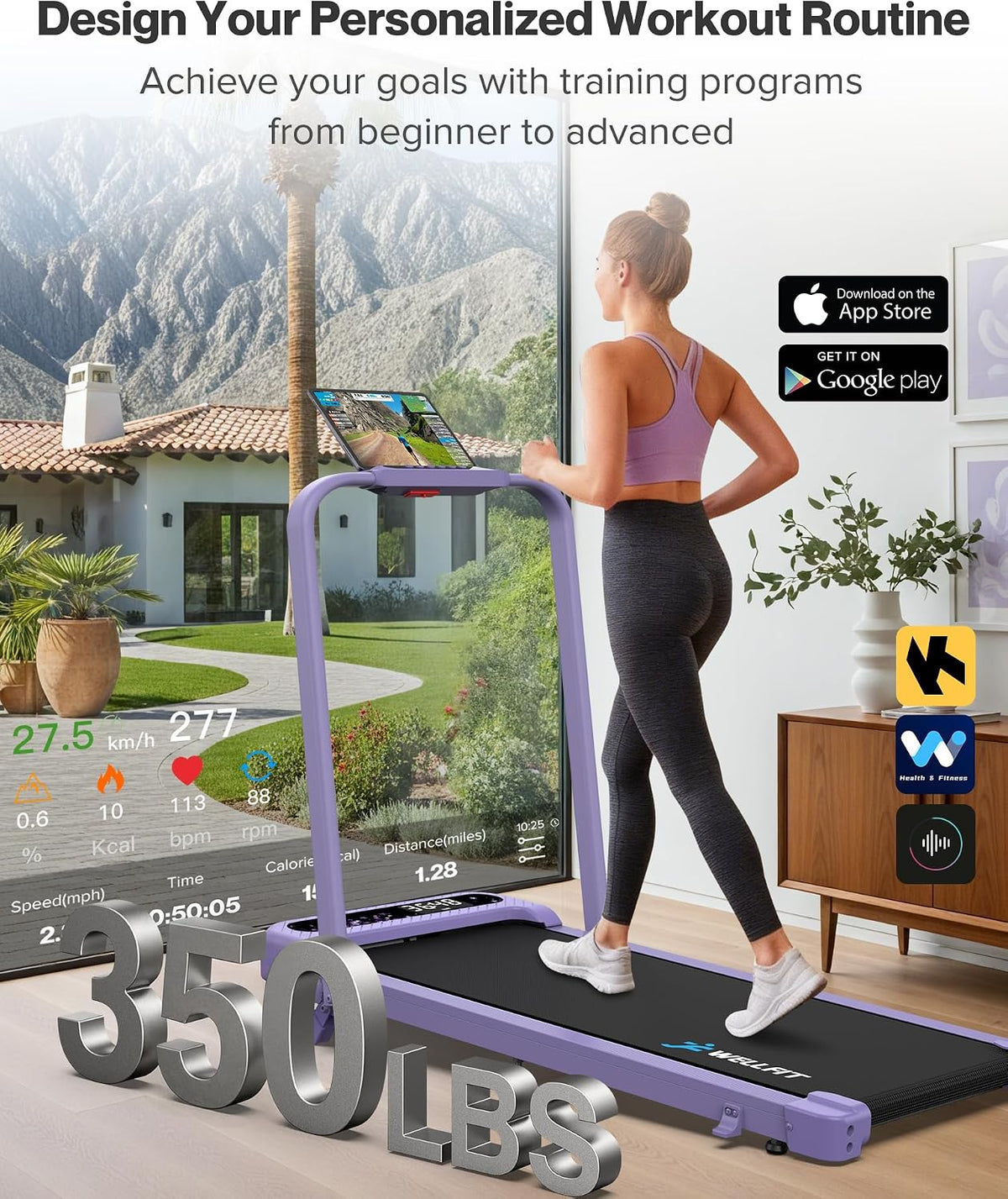 Purple Voice Control Foldable Incline Walking Pad Treadmill