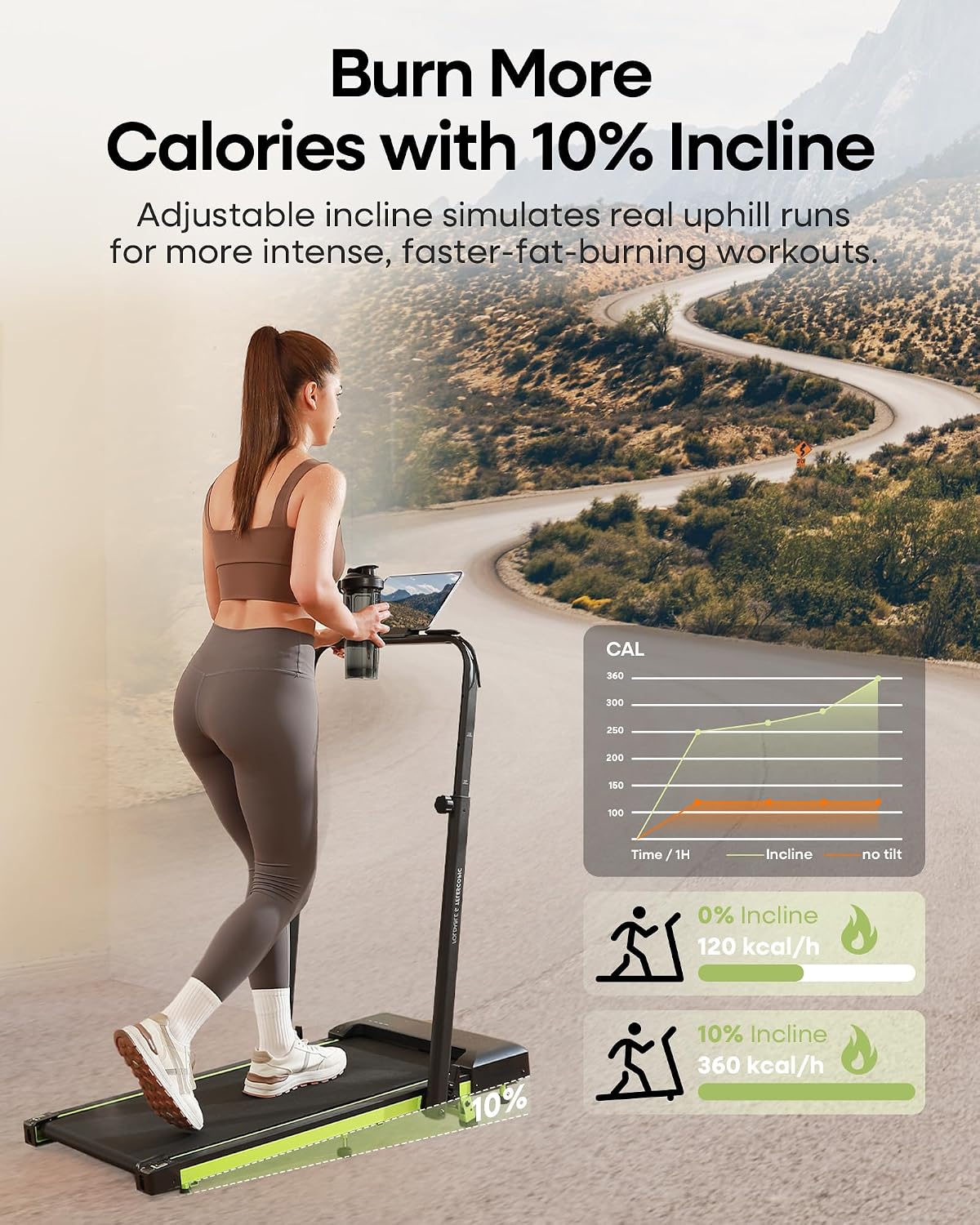 10% Incline Foldable Handle Bar Walking Pad Treadmill