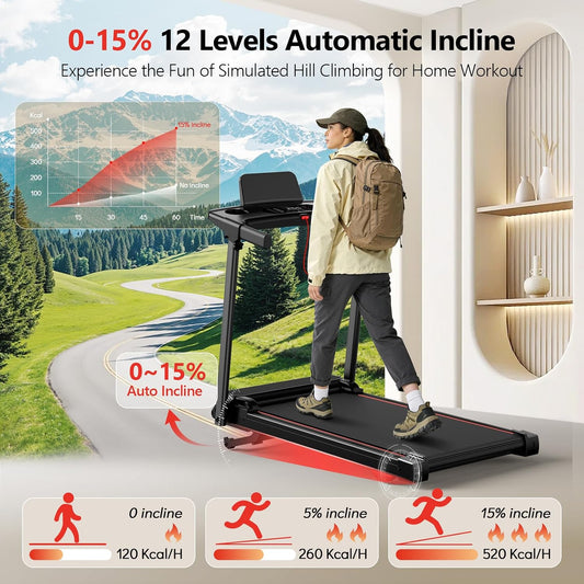0-15% Auto Incline Foldable Handle Bar Walking Pad Treadmill