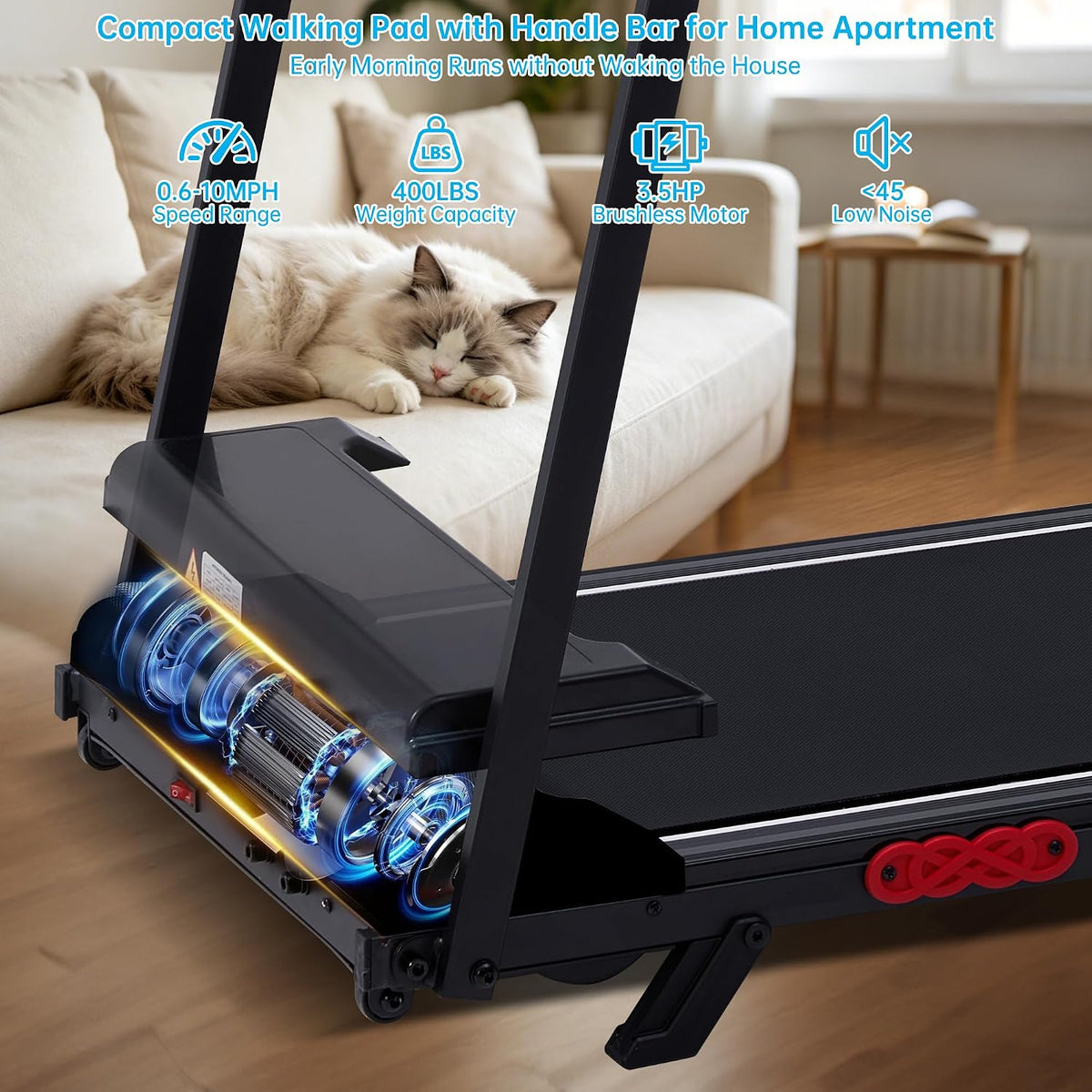 3.5HP Incline Foldable Handle Bar Walking Pad Treadmill