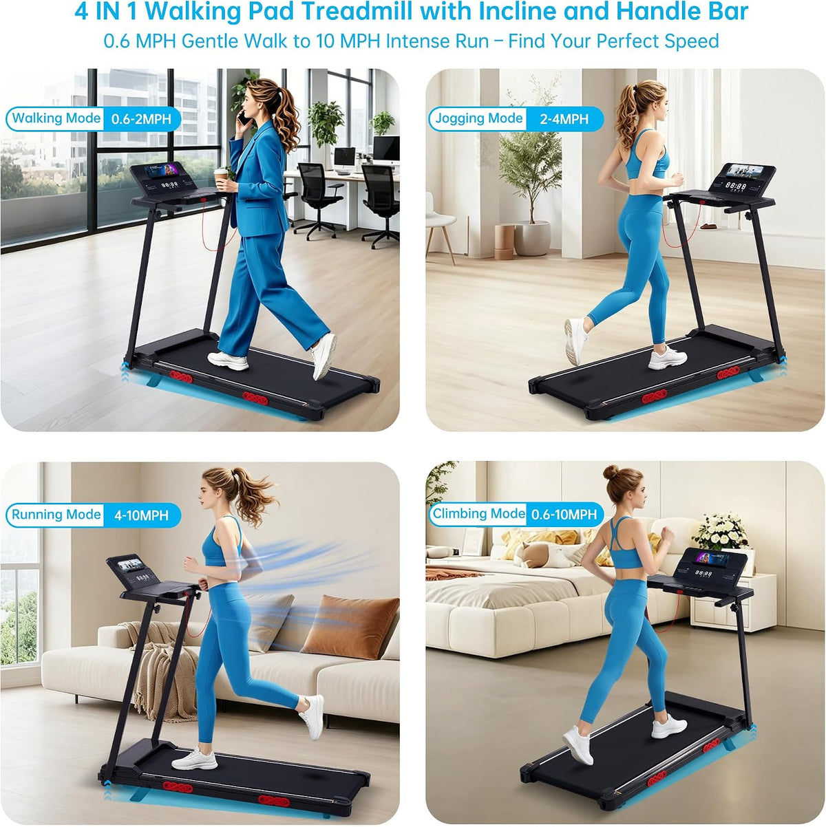 3.5HP Incline Foldable Handle Bar Walking Pad Treadmill
