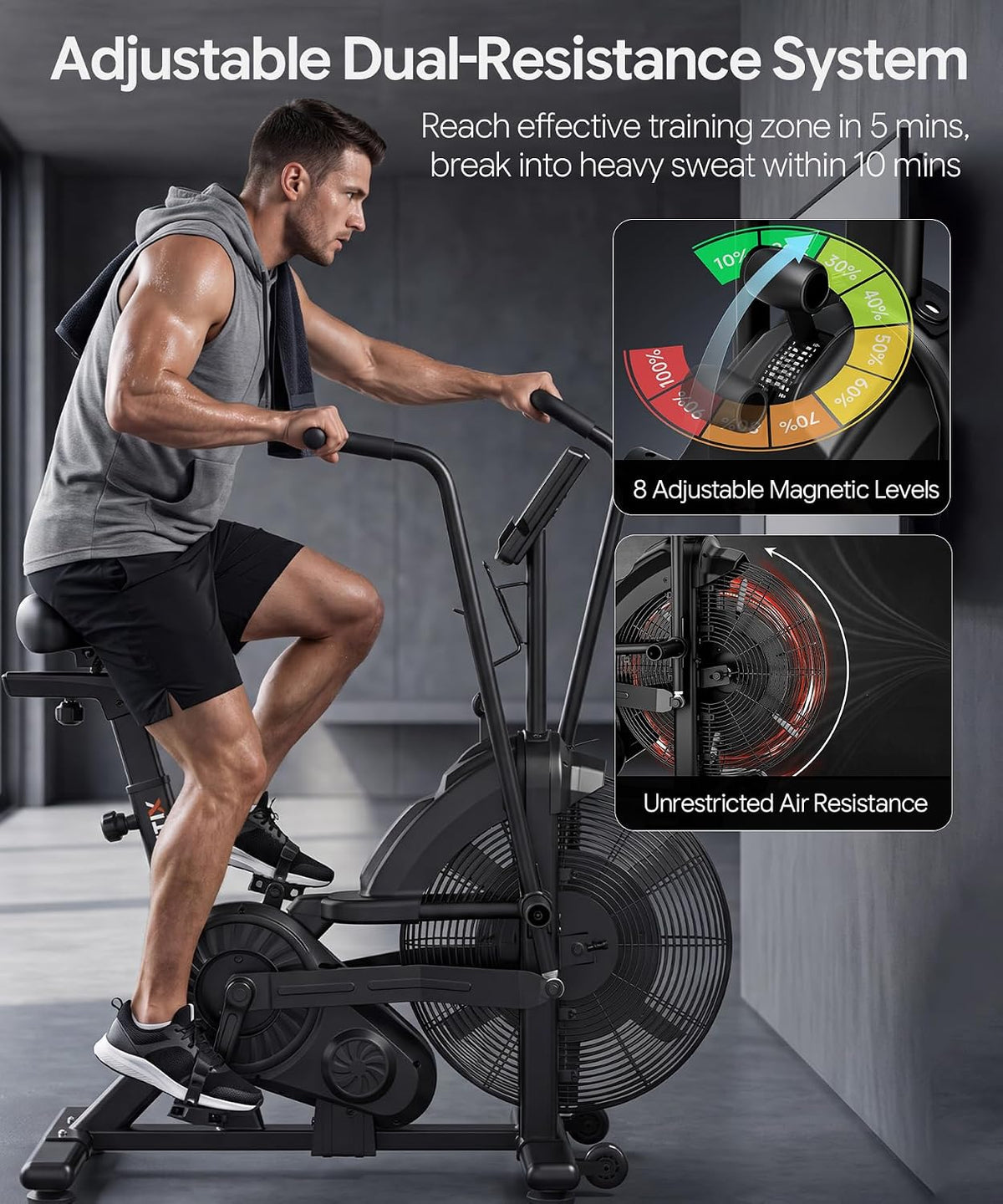 Dual Resistance Air Magnetic Fan Bike with APP