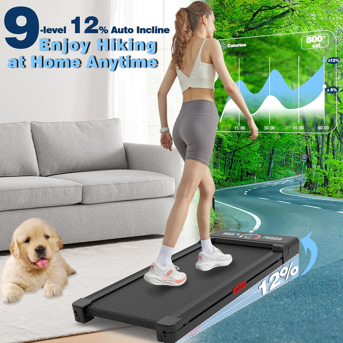 9-Level Auto Incline Walking Pad Treadmill